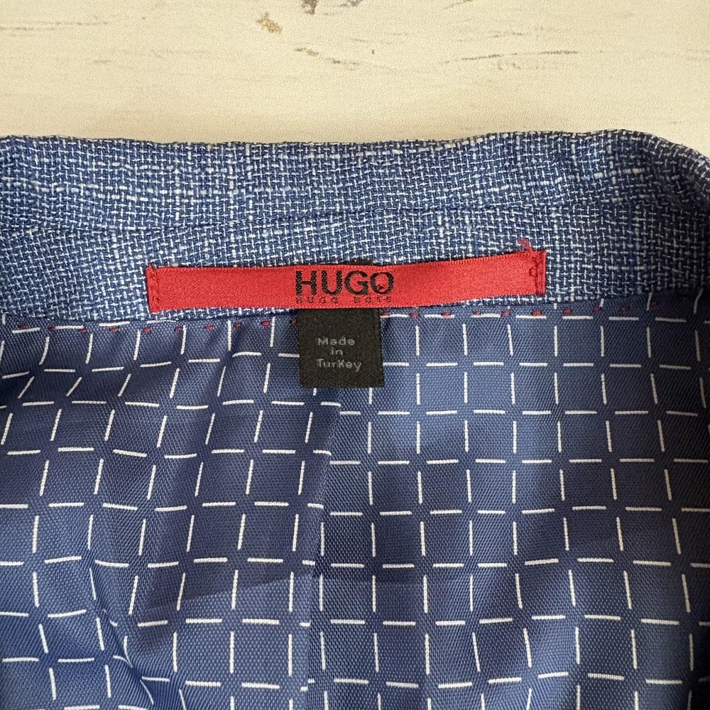 Hugo Boss Blazer Sport Coat Mens 38R Blue Check Wool Cotton Linen Tweed Marlane - Picture 7 of 16